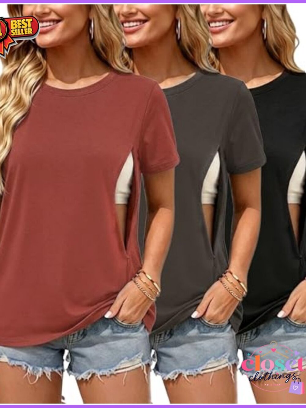 3 Pack Nursing Shirts Breastfeeding Hidden Zippers Cotton Blend Tops